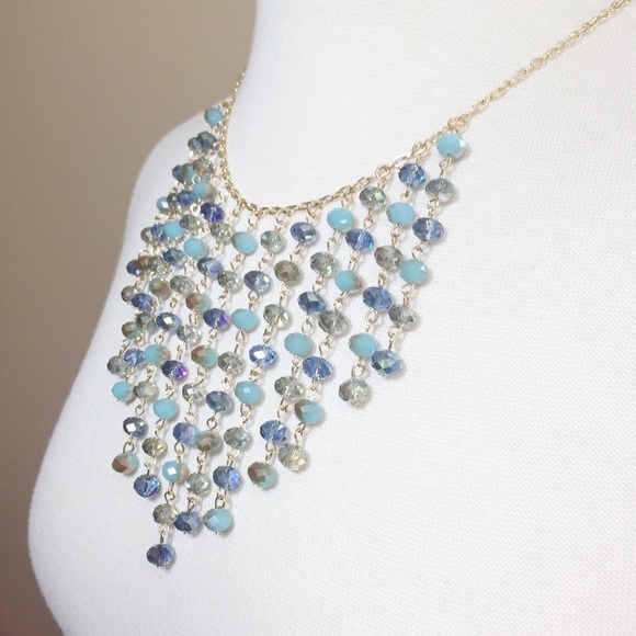 Cascading Blue Glass Beaded Necklace Earrings Set - Picture 3 of 3